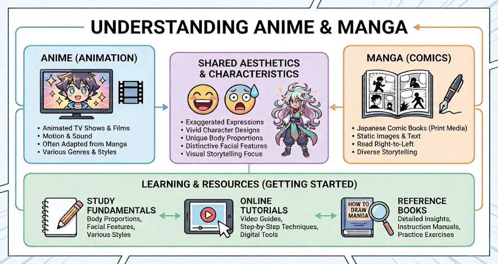 Infographic comparing anime vs manga, shared aesthetics and characteristics, and learning resources like tutorials, fundamentals, reference books