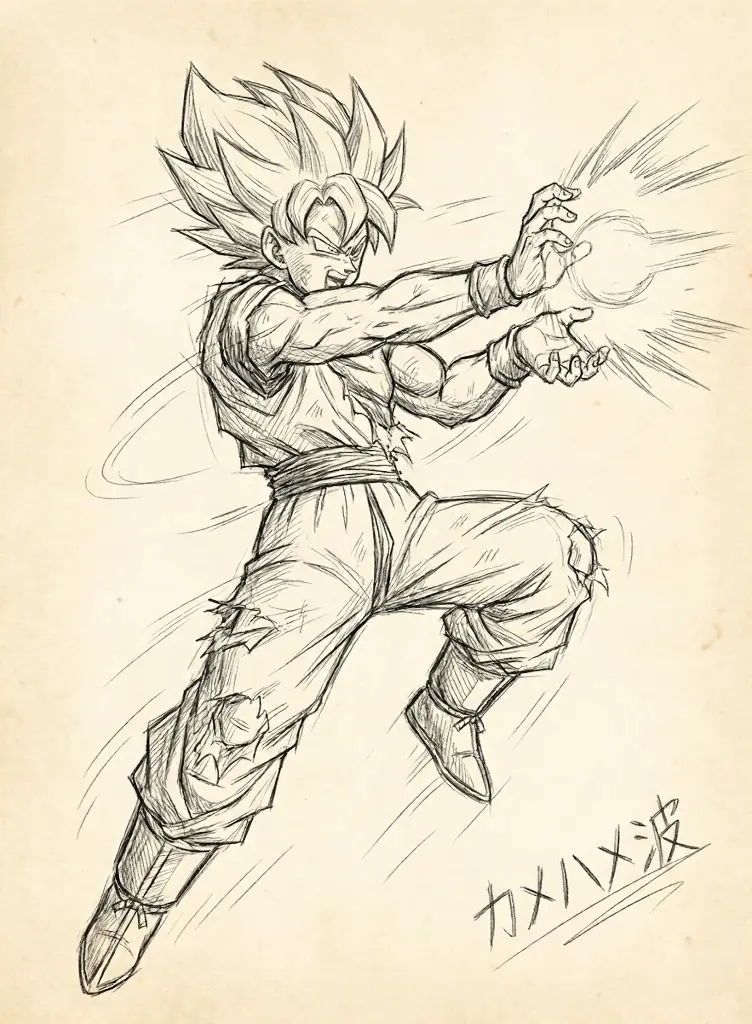 Goku pencil sketch performing Kamehameha energy blast, dynamic anime action pose on vintage paper — fan art.