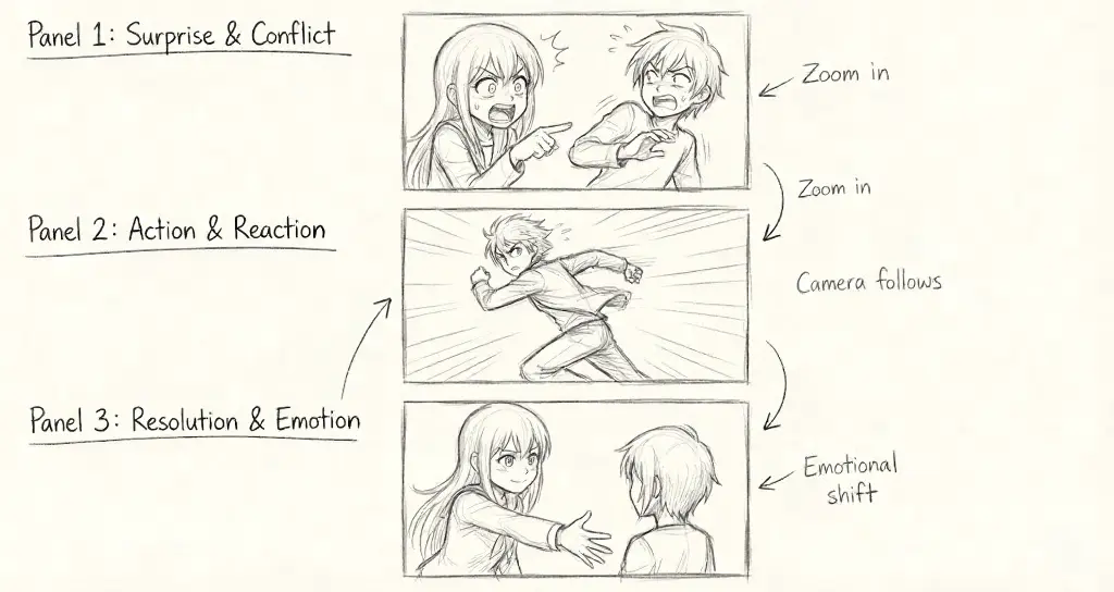 Pencil storyboard, 3 panels: surprise (girl points, boy startled); action (boy runs); resolution (girl reaches out).