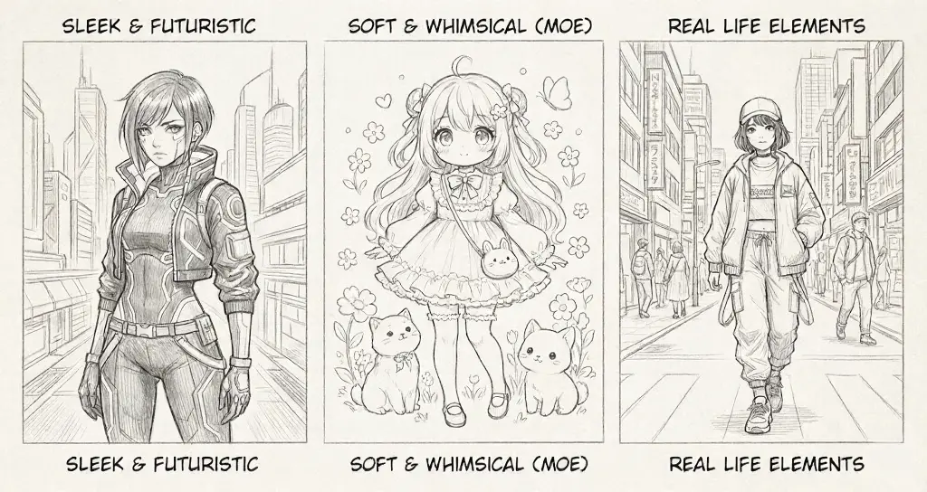 Triptych sketches of three character styles: sleek futuristic woman, soft 'moe' girl with cats, and casual streetwear in urban scene.