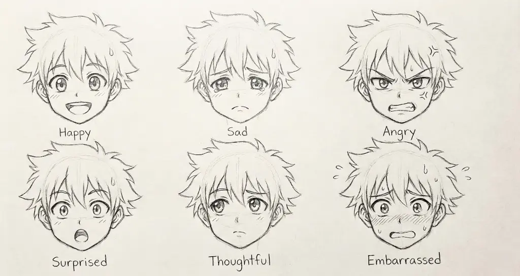 Pencil anime/manga expression sheet: six boy head sketches labeled happy, sad, angry, surprised, thoughtful and embarrassed.