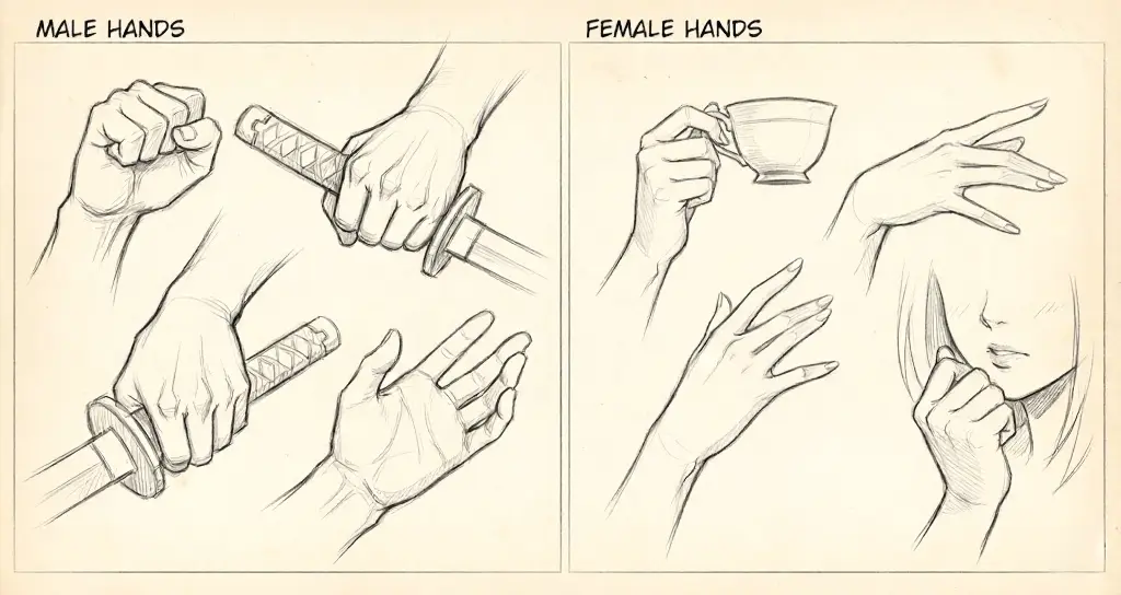 Pencil sketches comparing male and female hand poses: male hands gripping swords and palms; female hands holding teacup and delicate poses.