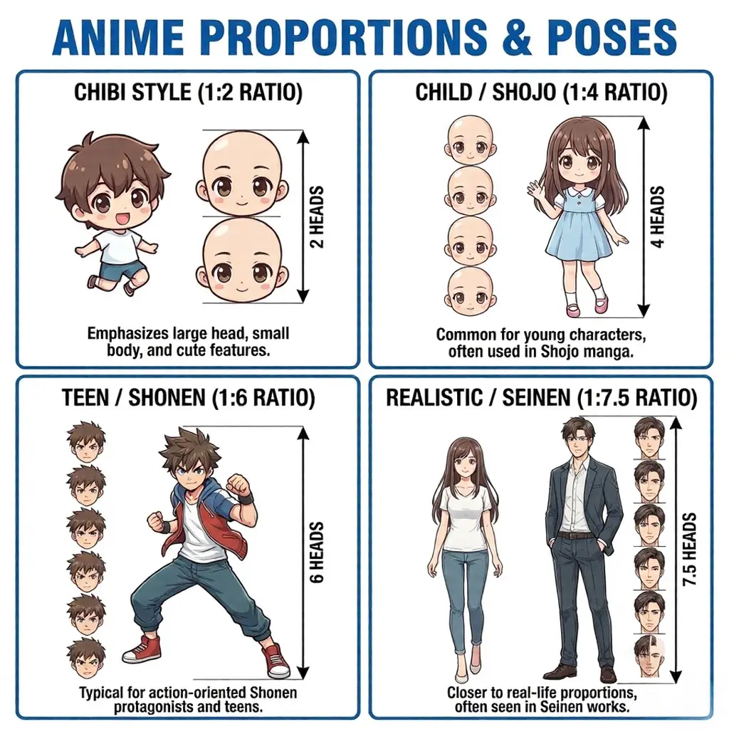 Anime proportions infographic: head-to-body ratios for chibi 1:2, child/shojo 1:4, teen/shonen 1:6, realistic/seinen 1:7.5