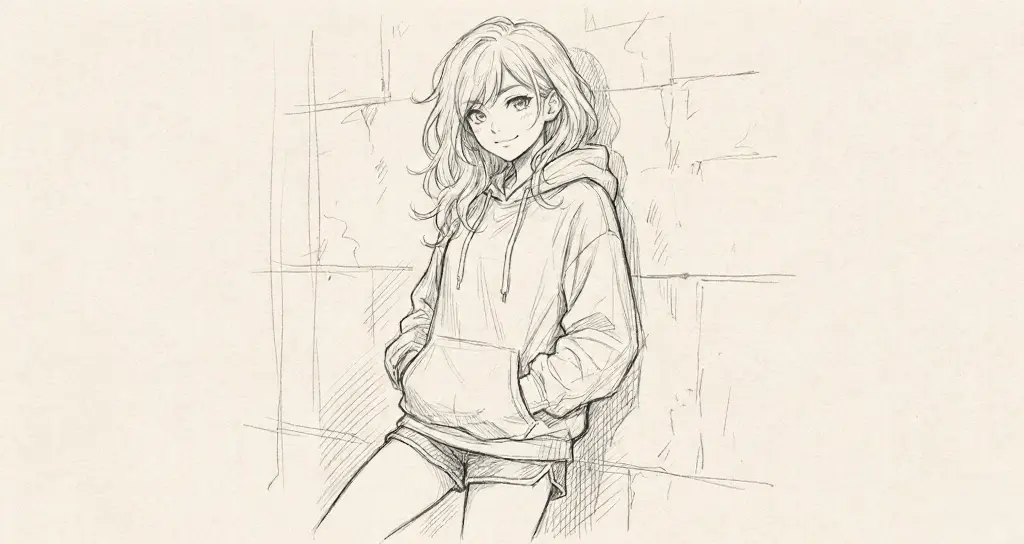 Pencil sketch of a smiling anime-style girl in a hoodie and shorts leaning against a textured wall, casual urban portrait.