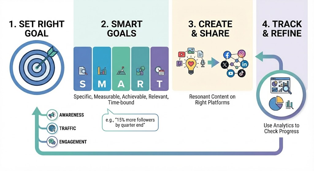 unnamed 93 Social media strategy infographic: 4 steps — set right goal, SMART goals, create & share content, track & refine with analytics. | Sky Rye Design Social media strategy infographic: 4 steps — set right goal, SMART goals, create & share content, track & refine with analytics.