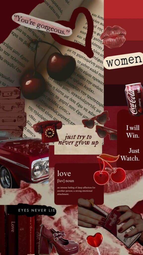Vintage red aesthetic collage with quotes, cherries, sunglasses, and a classic car, symbolizing love and empowerment.