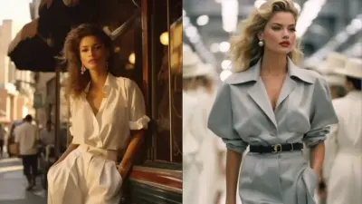 Two models showcasing vintage 1980s-inspired power suits and belted tailored separates, street and runway settings
