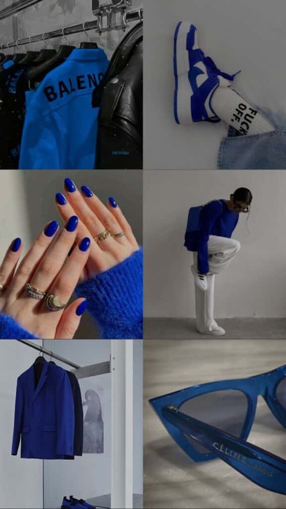 Collage of blue-themed fashion items: jacket, sneakers, nails, outfit, blazer, sunglasses. Trendy and stylish aesthetic.