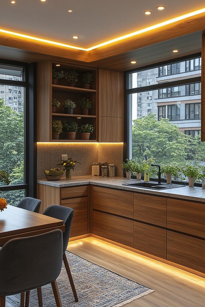 Modern kitchen with wood cabinets, LED lighting, and indoor plants, featuring large windows with a cityscape view.