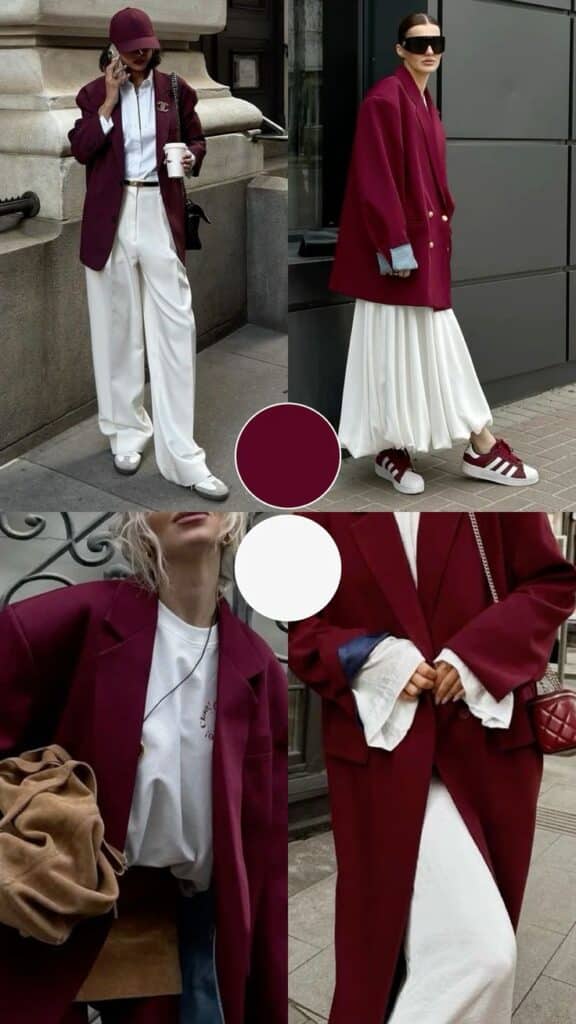 Fashionable outfits featuring wine blazers and cream attire, styled with sneakers and accessories.