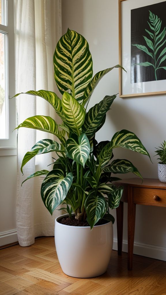 Indoor plant in a white pot beside a wood table, framed leaf art on wall, natural light from window.