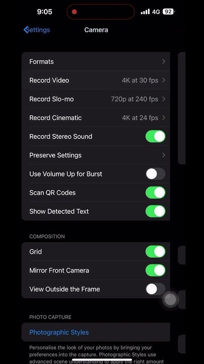 Camera settings screen showing video formats, slo-mo options, and features like QR code scanning and grid toggle.