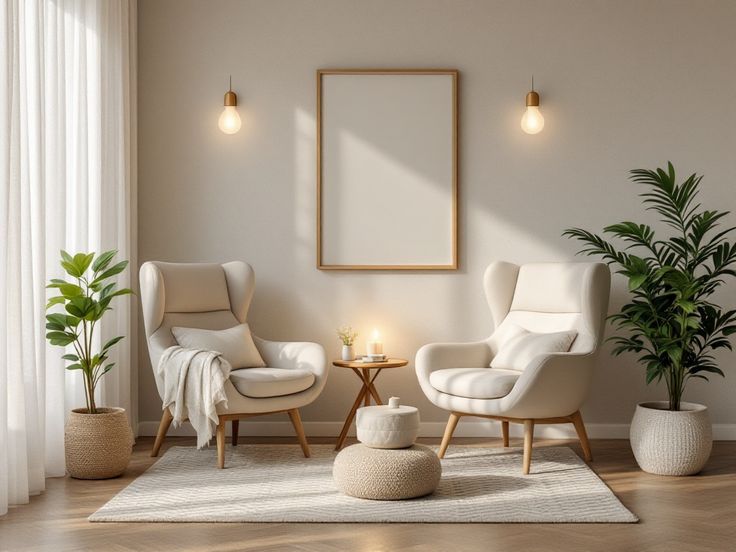 Я же психолог а не копирайтер Minimalist living room with two cozy armchairs, plants, and framed artwork. Soft lighting creates a relaxing ambiance. | Sky Rye Design Minimalist living room with two cozy armchairs, plants, and framed artwork. Soft lighting creates a relaxing ambiance.