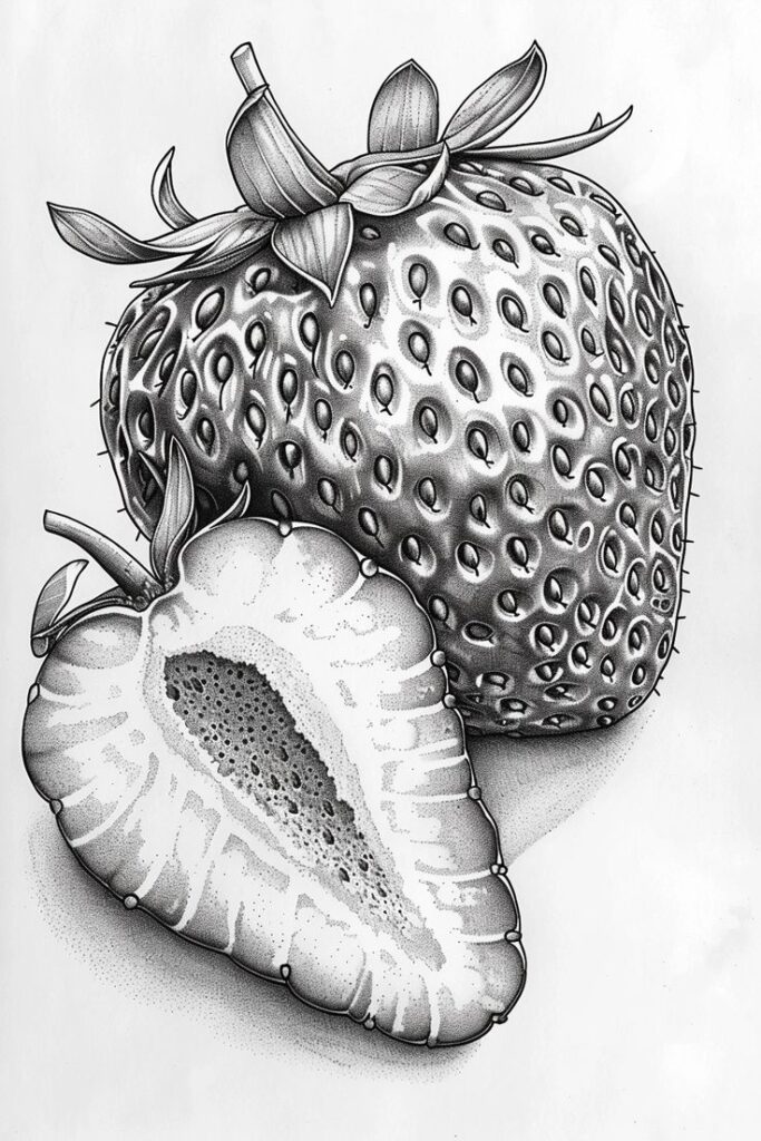 ✨🎨Get Aesthetic Midjourney Prompts - Tap Link in Detailed black and white drawing of strawberries, one whole and one sliced. | Sky Rye Design Detailed black and white drawing of strawberries, one whole and one sliced.