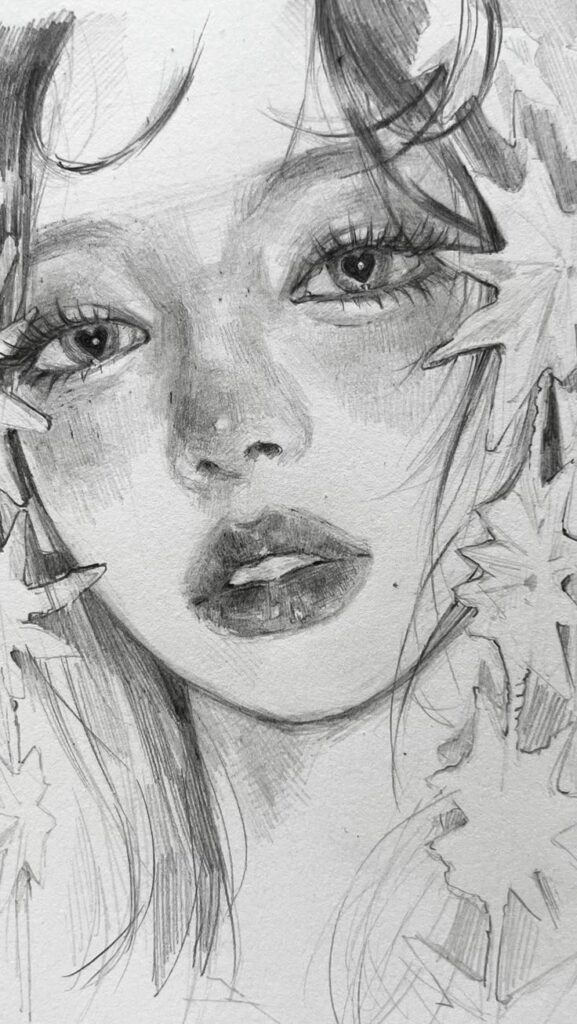 보리차 _bori_tea_ Instagram photos and videos Pencil drawing of a woman's face surrounded by maple leaves, showcasing detailed eyes and lips. | Sky Rye Design Pencil drawing of a woman's face surrounded by maple leaves, showcasing detailed eyes and lips.