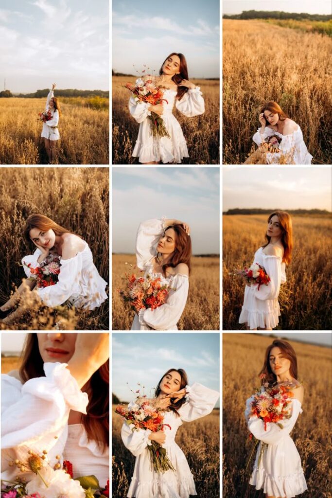 Woman in white dress holding wildflowers in a sunlit field, showcasing serene and joyful expressions.