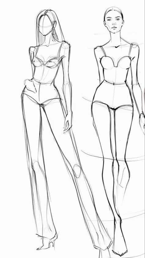 Fashion design sketch of two female figures in stylish poses, highlighting clothing fit and body proportions.
