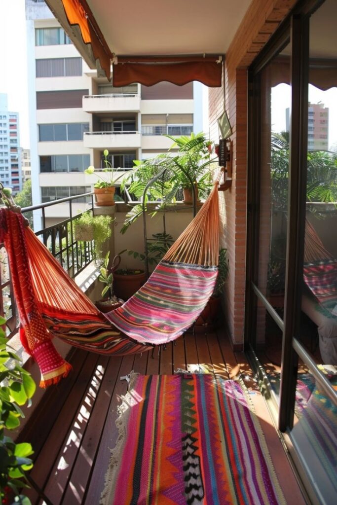 Cozy balcony with colorful hammock and potted plants, perfect for relaxation in an urban setting.