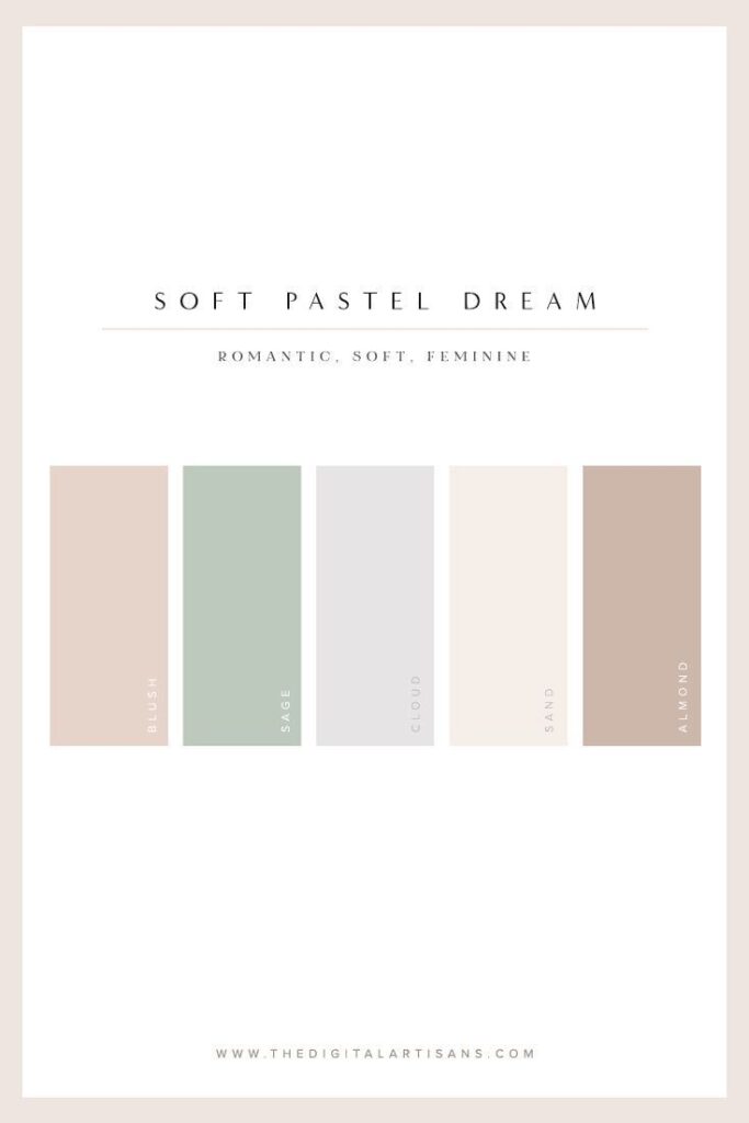 Soft Pastel Dream color palette with blush, sage, cloud, sand, and almond tones for a romantic, feminine feel.