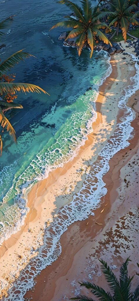 Aerial view of a tropical beach with turquoise waves, sandy shore, and palm trees under sunlight.