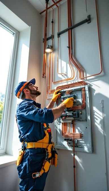 Electrician working on a panel, adjusting copper pipes in a modern building.
