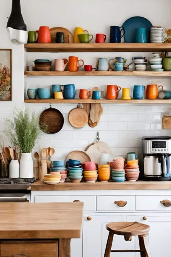Colorful kitchen with stacked bowls, mugs on wooden shelves, and a coffee maker for a cozy, organized space.