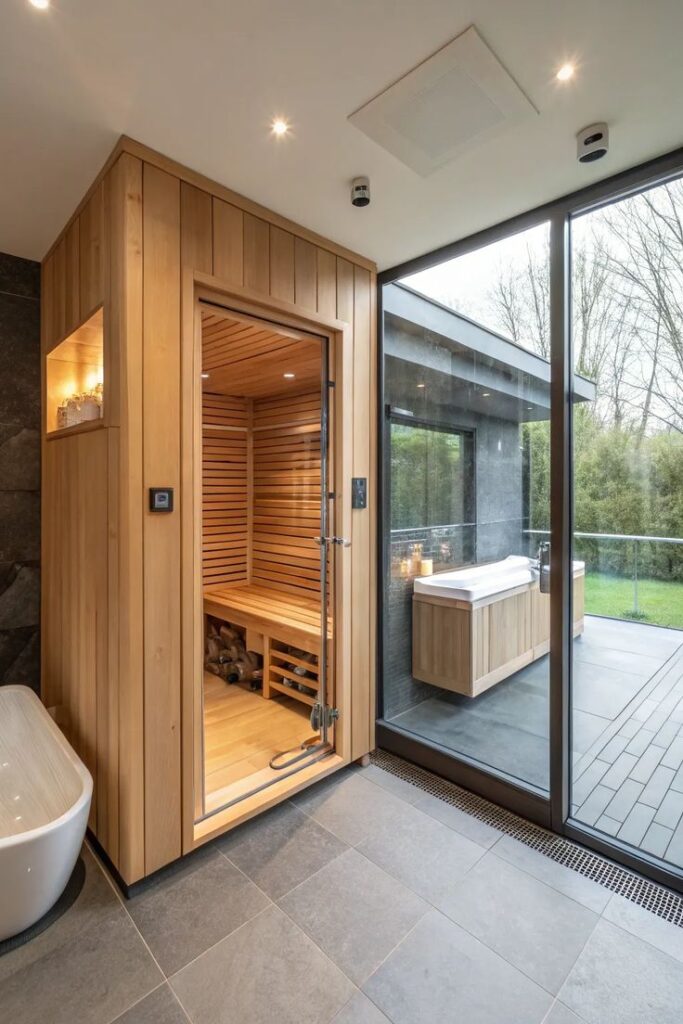 04f4df0b13a808dd1baf300f93e48eb4 Modern home sauna with glass door, adjacent deck and large window. Cozy and inviting relaxation space. | Sky Rye Design Modern home sauna with glass door, adjacent deck and large window. Cozy and inviting relaxation space.