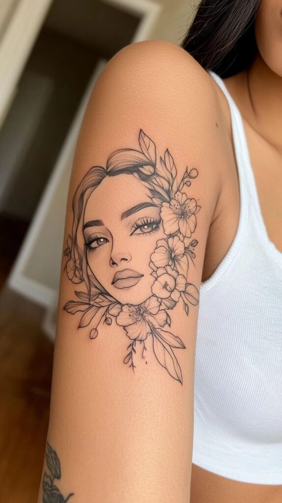05a348af-b7f6-44b2-97d9-12c7fb9b1ef5 Elegant floral and female portrait tattoo on upper arm, showcasing artistic line work and intricate detail. | Sky Rye Design Elegant floral and female portrait tattoo on upper arm, showcasing artistic line work and intricate detail.
