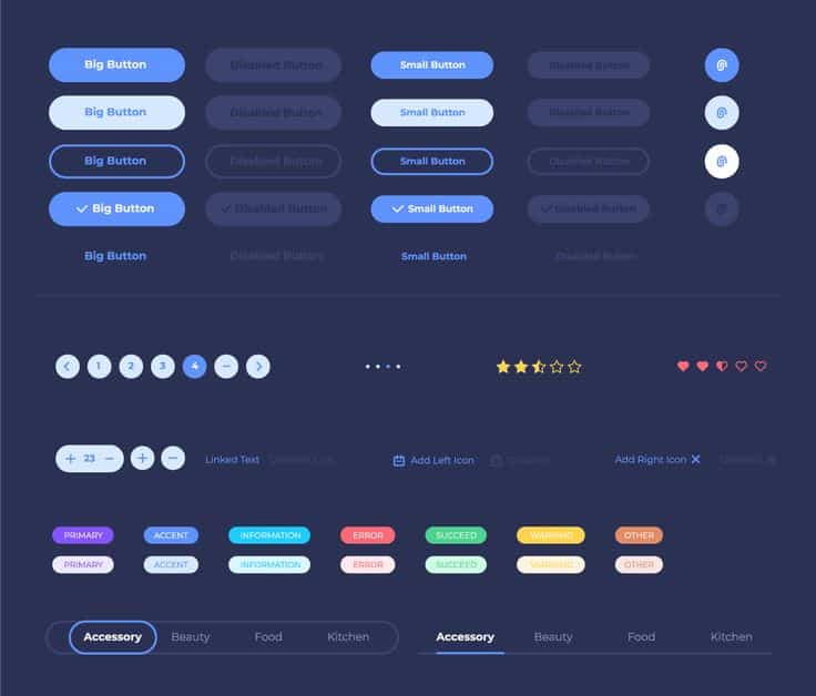 UI design elements: various button styles, ratings, navigation icons, and color-coded tags on a dark background.
