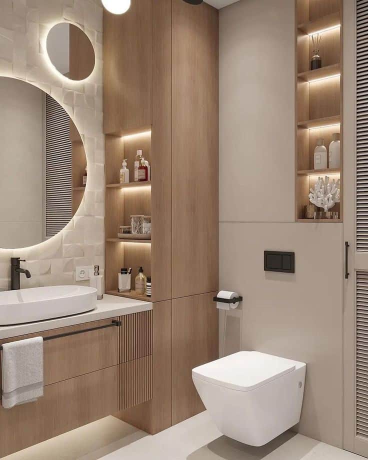 Modern bathroom with wooden cabinets, illuminated shelves, round mirror, and wall-mounted toilet. Sleek and minimalist design.