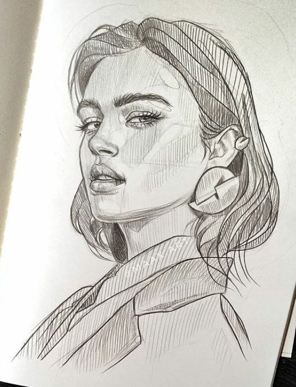 Pencil sketch of a woman with short hair and large earrings, showcasing detailed shading and expressive eyes.