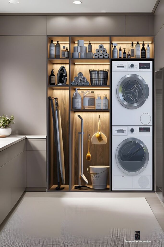 Modern laundry room with organized shelves and stacked washer-dryer, featuring cleaning supplies and tools.
