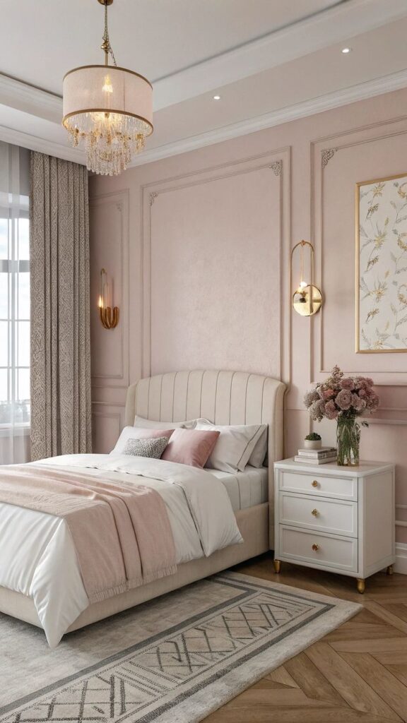 Elegant pink bedroom with chandelier, cozy bed, and stylish decor for a serene and chic atmosphere.