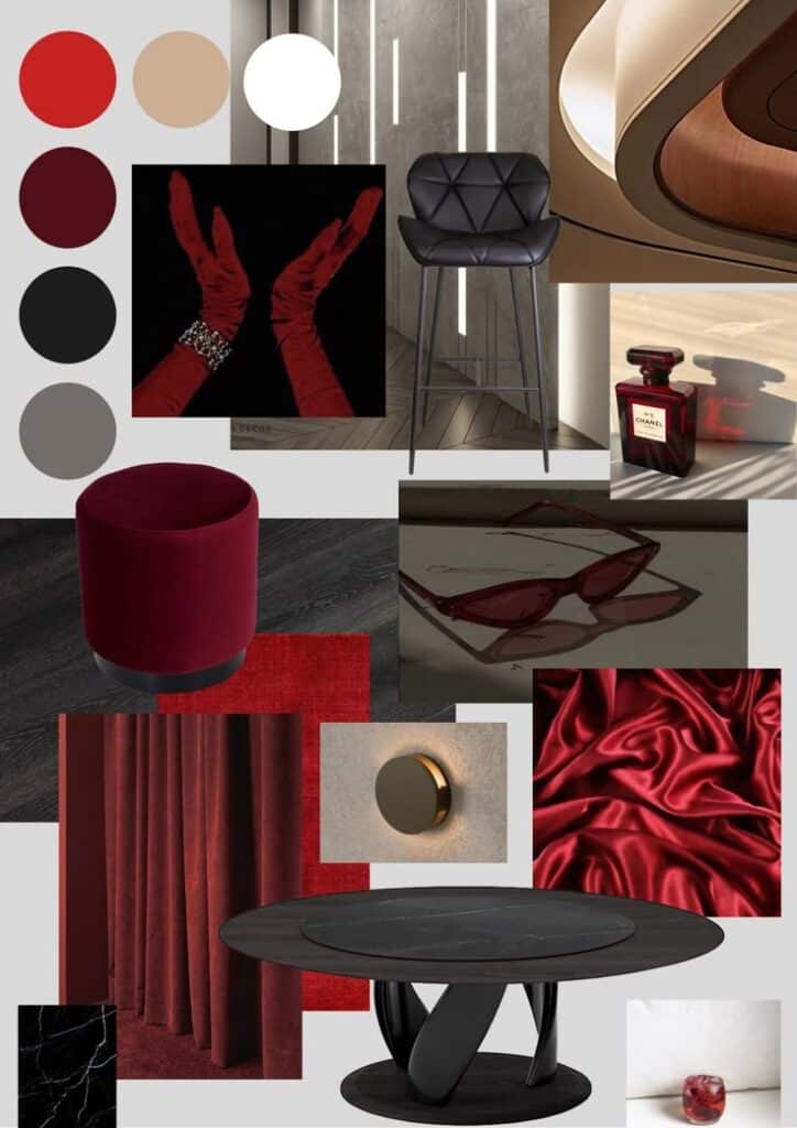 Collage of luxurious red and black interior decor elements, including a chair, red gloves, and textured fabrics.