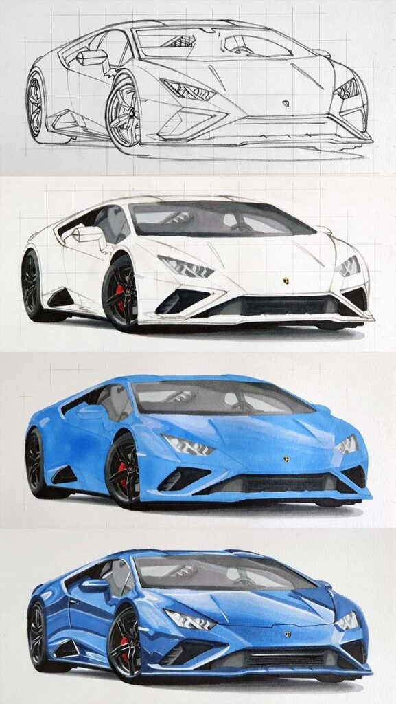 0a2fac34-0df9-49ea-803c-128350c59aa2 Car drawing progression: sketch to fully colored blue sports car in four stages. | Sky Rye Design Car drawing progression: sketch to fully colored blue sports car in four stages.
