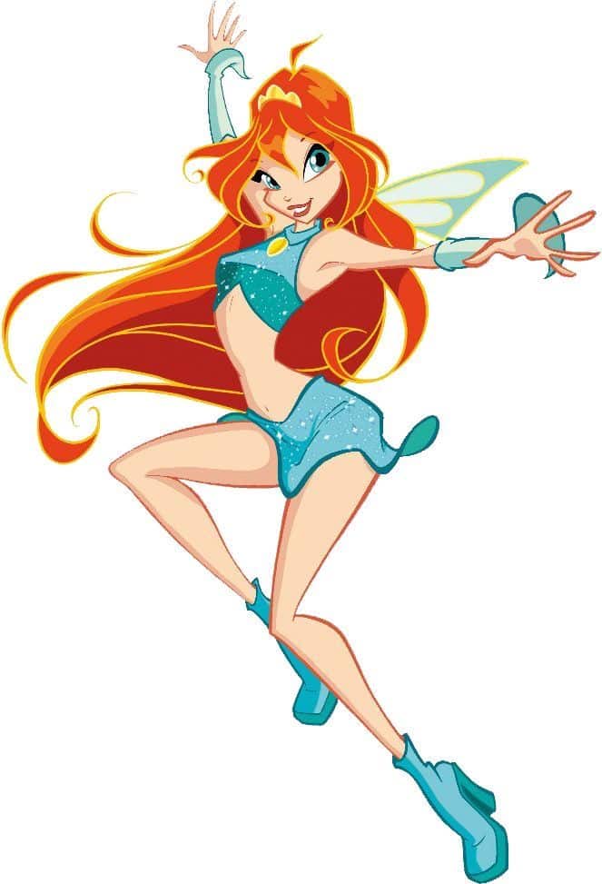 Energetic animated fairy with orange hair, in a sparkly teal outfit, posing playfully with wings spread.