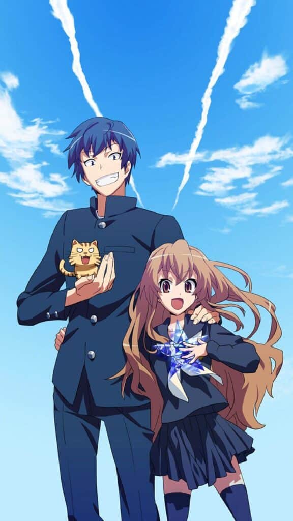 Anime characters stand smiling under a clear, blue sky with dramatic contrails.