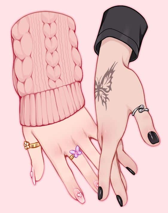 0b2fe295-3501-4e23-994d-ae793c7319a1 Two hands touching, one with a butterfly tattoo and ring, the other with a pink sweater and decorated nails. | Sky Rye Design Two hands touching, one with a butterfly tattoo and ring, the other with a pink sweater and decorated nails.