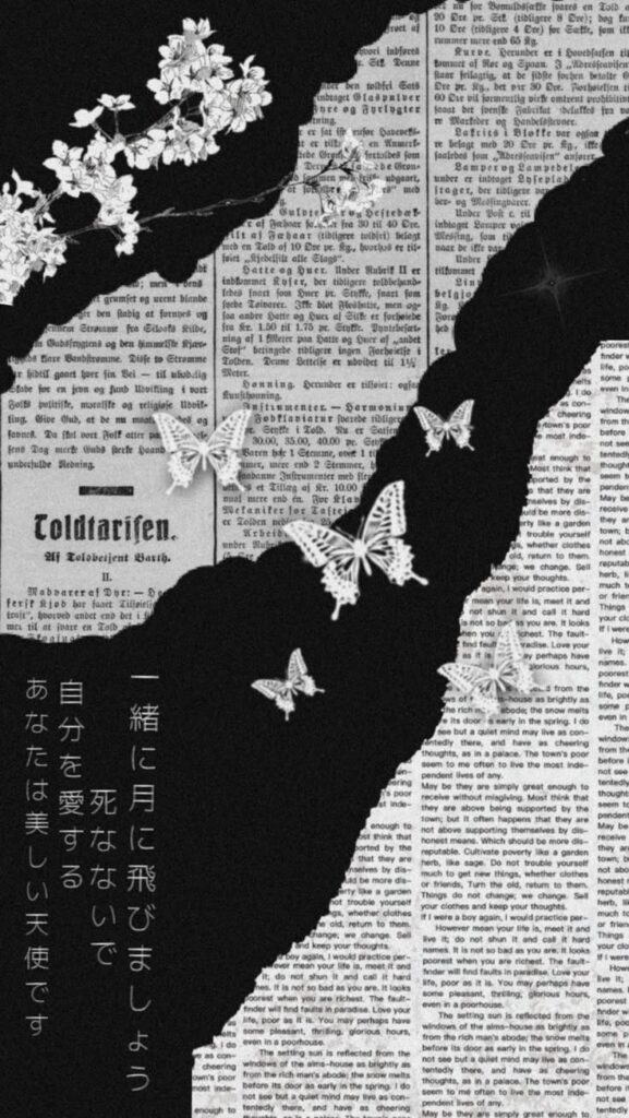Abstract collage with butterflies and flowers over newspaper text, featuring Japanese quotes for aesthetic design.