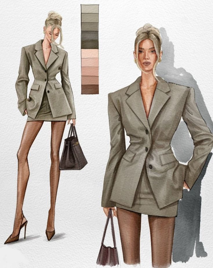 Fashion illustration of a model in a stylish taupe blazer and skirt, holding a handbag, with a color palette shown.