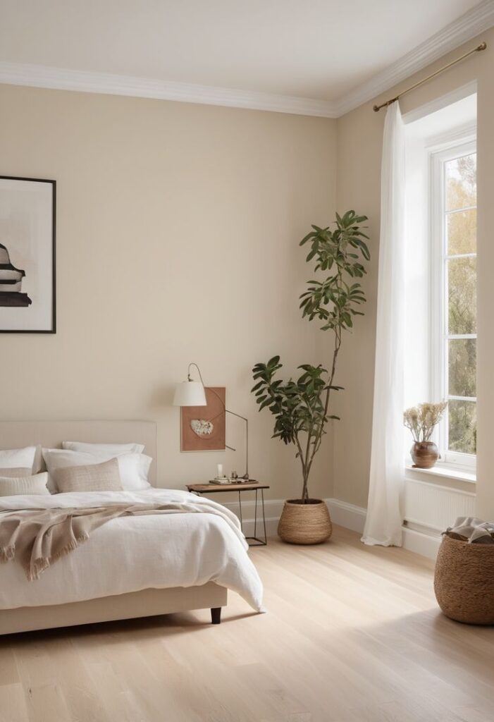 Minimalist beige bedroom with cozy bedding, indoor plant, and natural light from a large window.