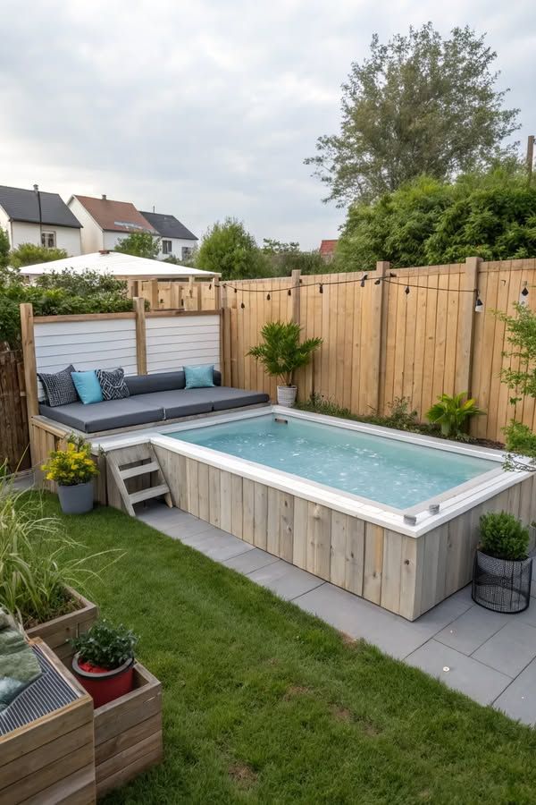 Modern backyard with wooden pool, cozy seating, lush plants, and privacy fence, ideal for relaxation and entertaining.