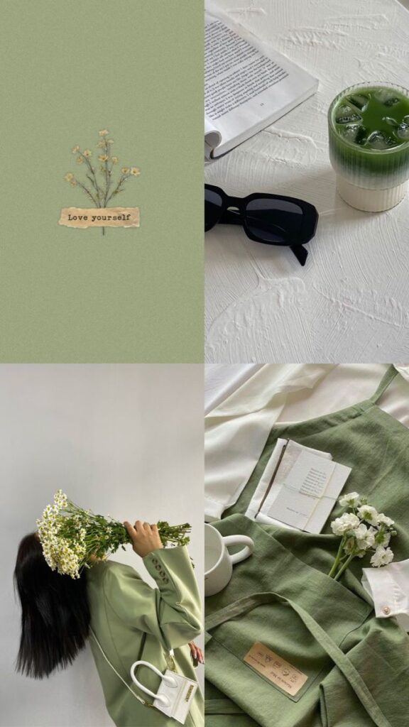 Collage of green aesthetics: Love yourself text, iced matcha, sunglasses, flowers, and stylish outfit flat lay.