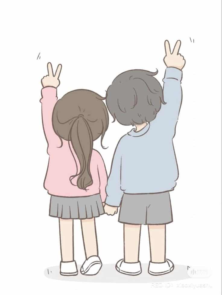 Cute illustration of a boy and girl holding hands, making peace signs, wearing pastel outfits, viewed from behind.