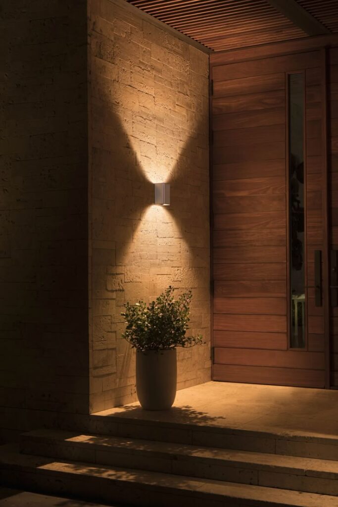 Warm outdoor light illuminates a modern entryway with stone walls, wooden door, and plant in a pot at night.