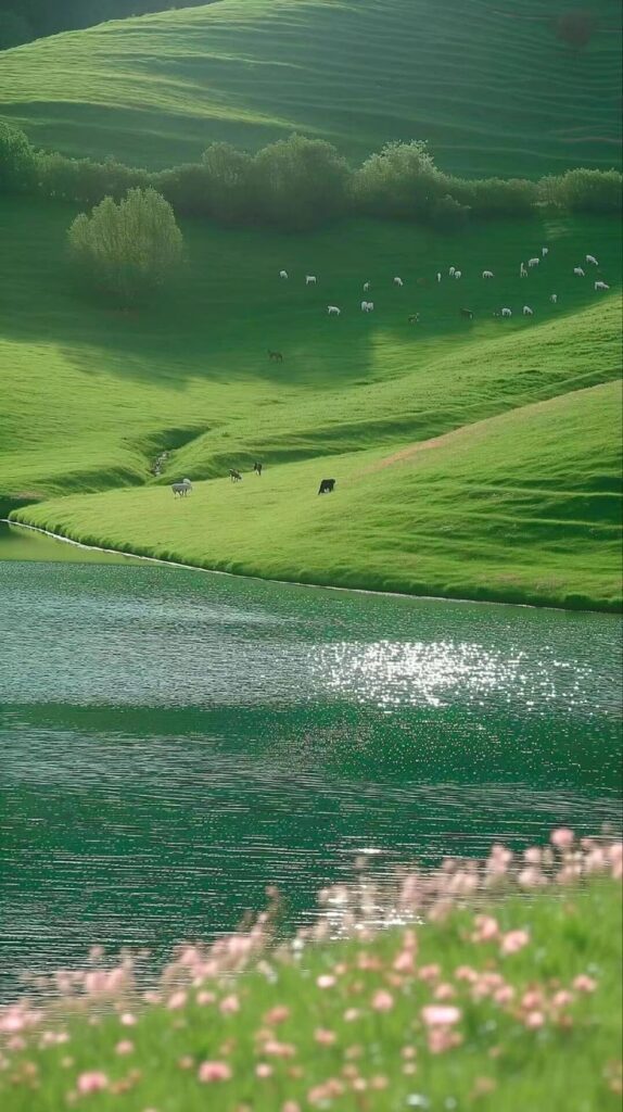 Peaceful green hillside with grazing animals beside a sparkling lake, pink flowers in the foreground.