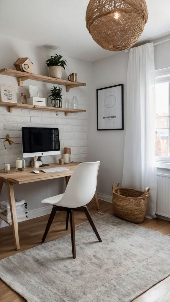 Modern home office with wooden desk, white chair, computer, and minimalist decor on shelves. Cozy and bright workspace.
