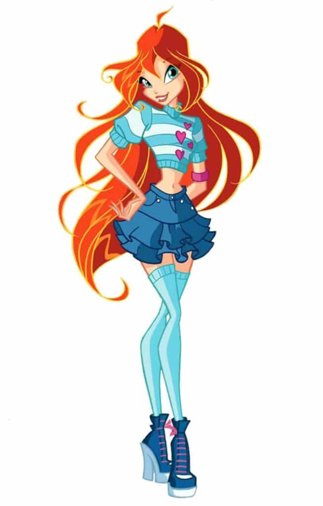 Animated character with long red hair, wearing a striped top, blue skirt, and high boots. Stylish and colorful outfit.
