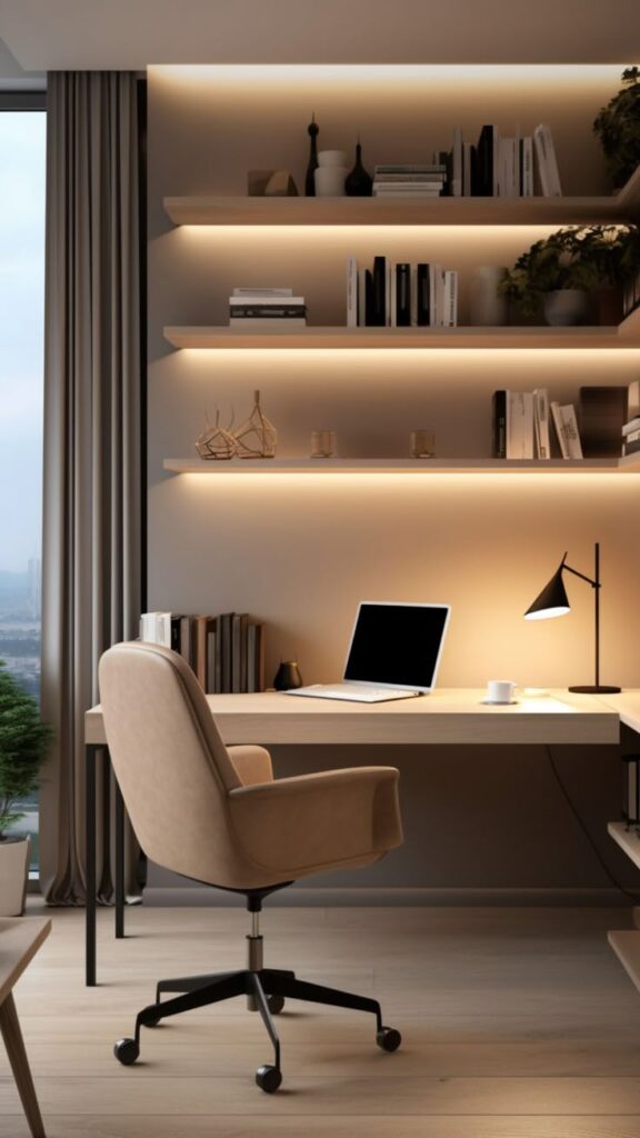 Modern home office with desk, laptop, and shelves. Cozy lighting and decor create a stylish workspace.