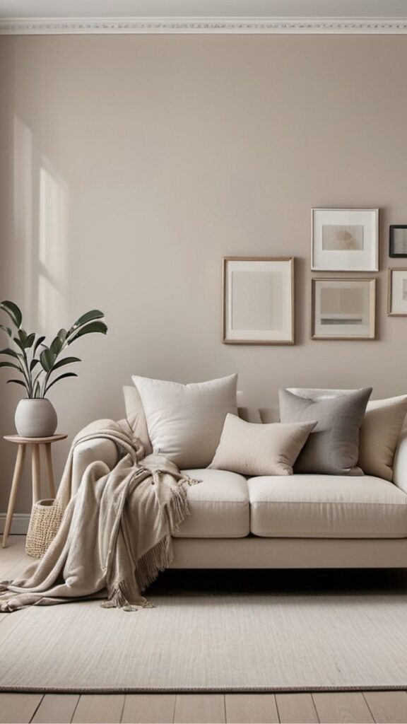 _ 1 Minimalist living room with beige sofa, soft pillows, blanket, potted plant, and art on cream wall. | Sky Rye Design Minimalist living room with beige sofa, soft pillows, blanket, potted plant, and art on cream wall.